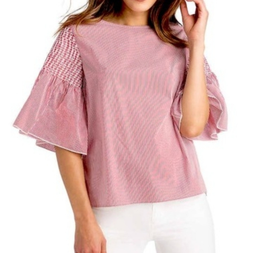 Vineyard vines red‎ and white stripe smocked flutter flare sleeve blouse size XS